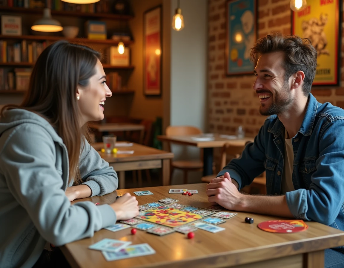 Deux amis jouant à des jeux de société dans un café ludique, activité conviviale et loisir en groupe