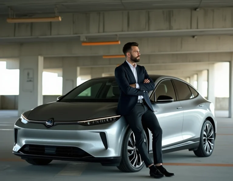 Journaliste automobile appuyé sur une berline électrique moderne dans un parking urbain en béton