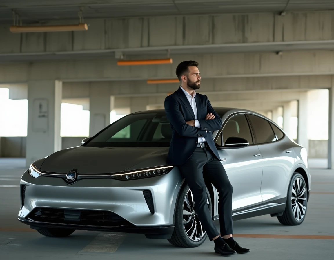 Journaliste automobile appuyé sur une berline électrique moderne dans un parking urbain en béton