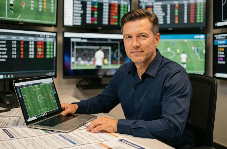 Journaliste sportif analysant des statistiques de match en direct dans un studio de télévision moderne