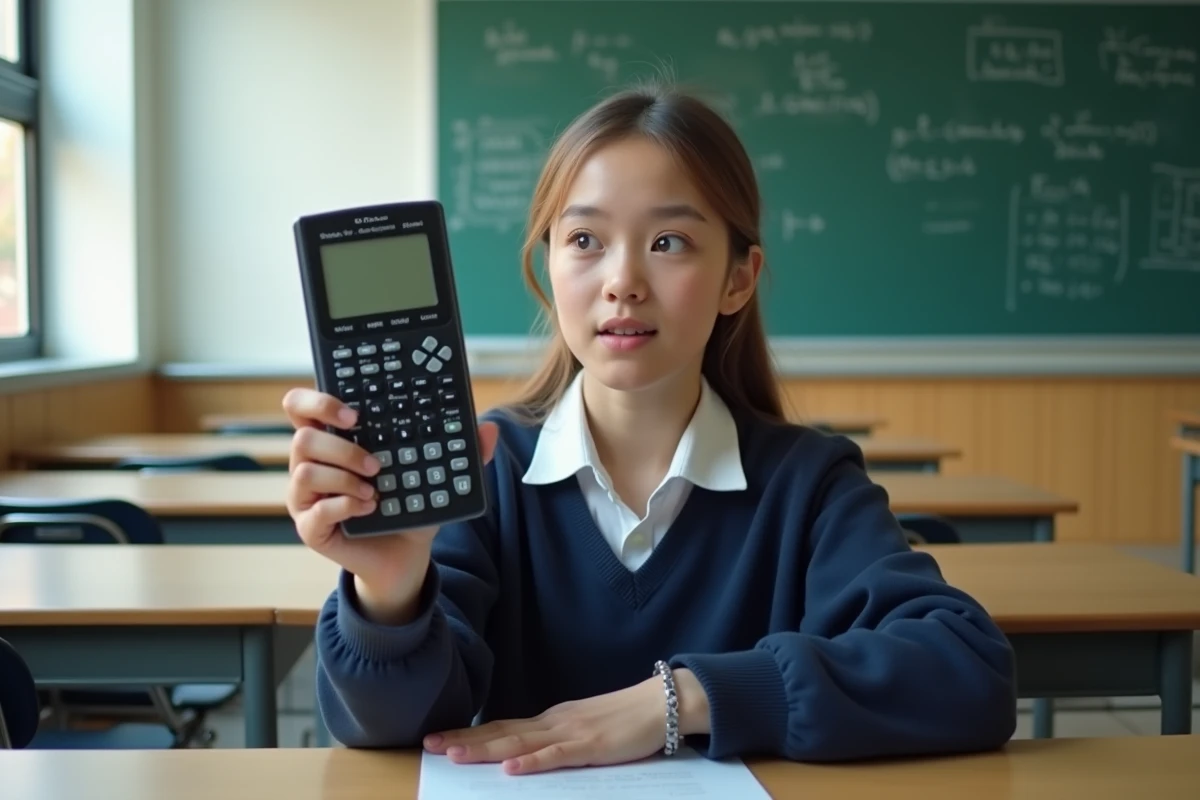 Lycéenne découvrant l'interface de ChatGPT installé sur une calculatrice TI-Nspire en classe