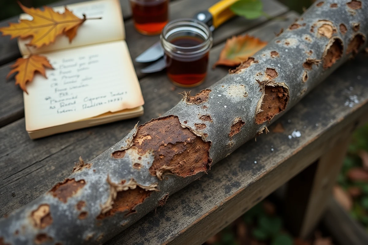 Branche de mûrier platane atteinte d'anthracnose et d'oïdium posée sur un établi, outils de traitement phytosanitaire visibles