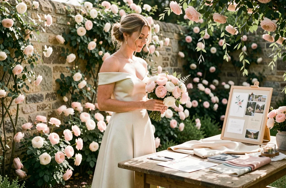 Mariée en robe de satin ivoire planifiant son mariage dans un jardin champêtre français entouré de pivoines roses et de verdure