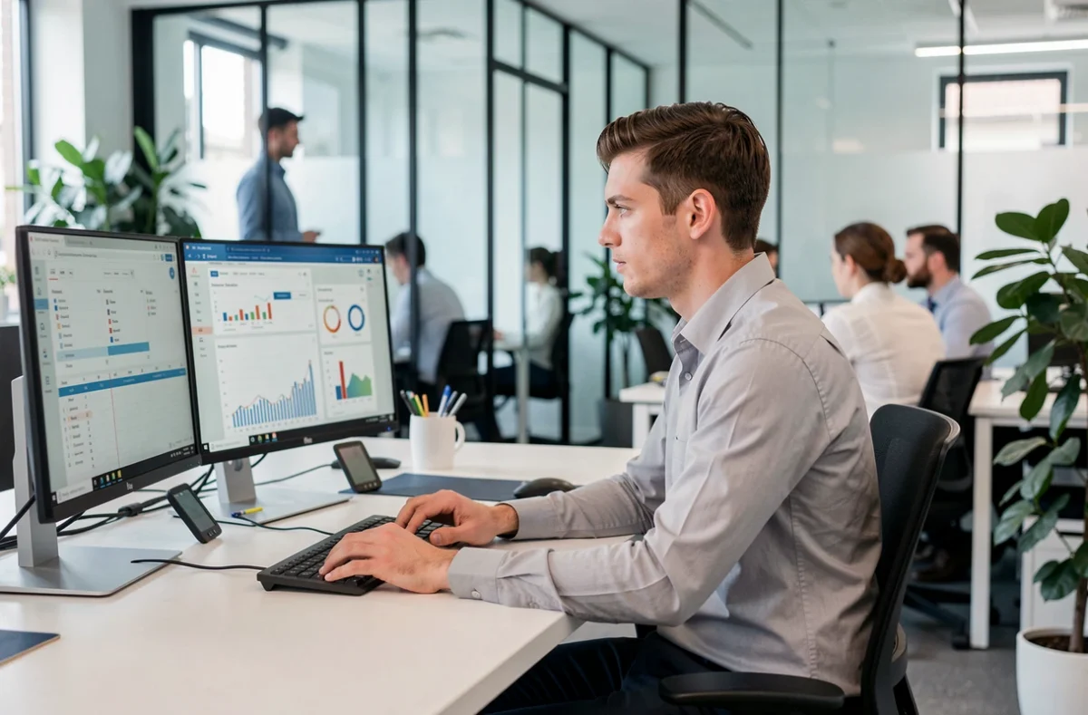 Jeune professionnel après BTS MCO travaillant sur des outils de gestion et marketing en open space