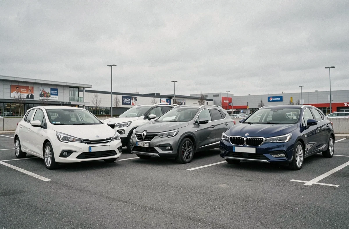 Trois voitures françaises populaires garées côte à côte dans un parking, illustrant la diversité des modèles préférés des automobilistes français