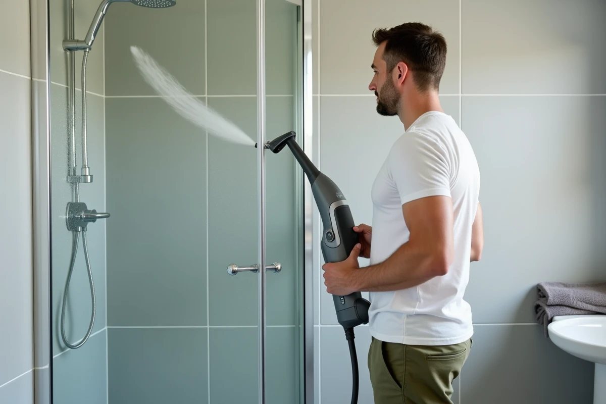 Homme nettoyant une paroi de douche en verre avec le nettoyeur vapeur Silvercrest de Lidl dans une salle de bain