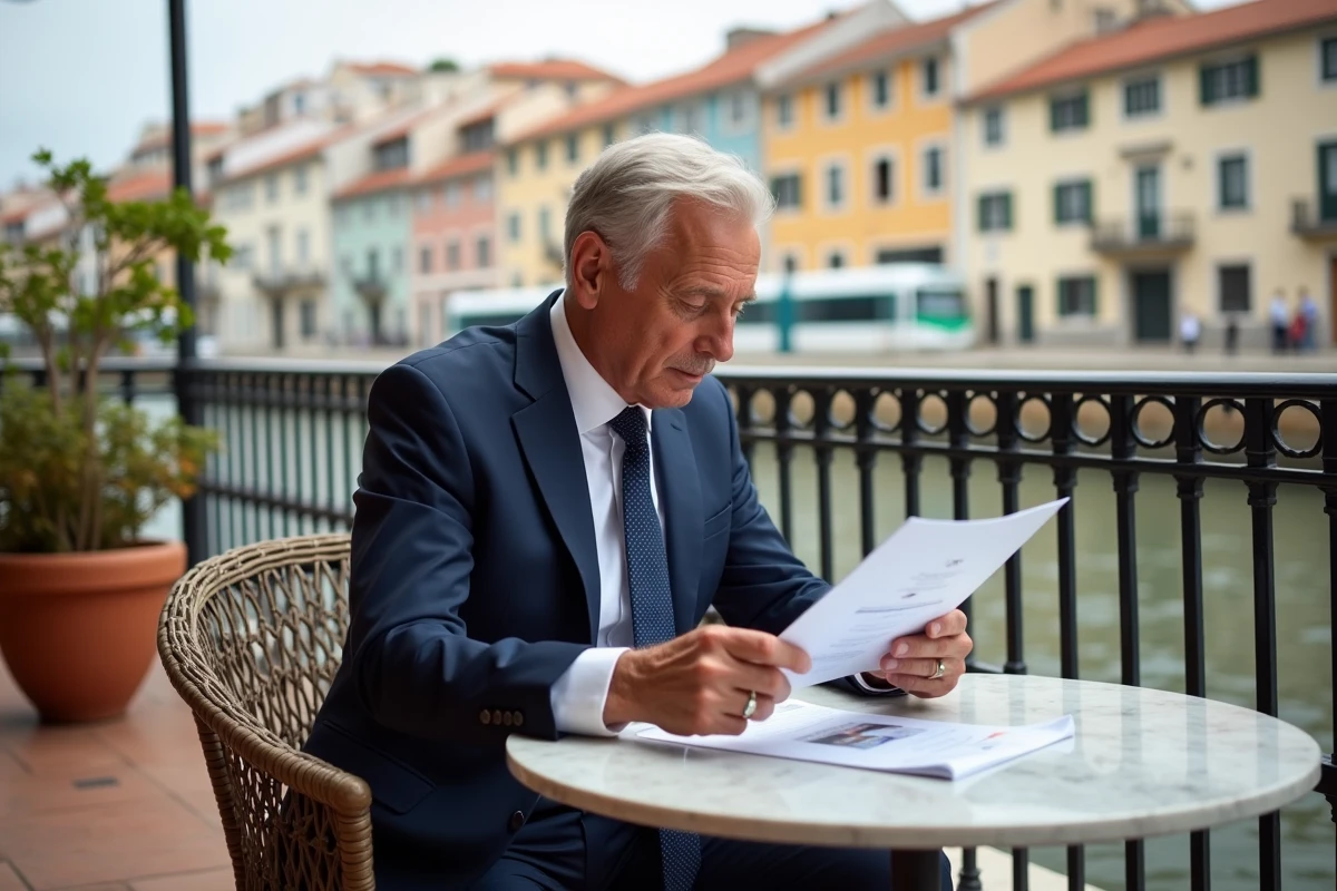 Homme d'affaires examinant un certificat Golden Visa portugais et une brochure immobilière en terrasse à Lisbonne avec vue sur le Tage