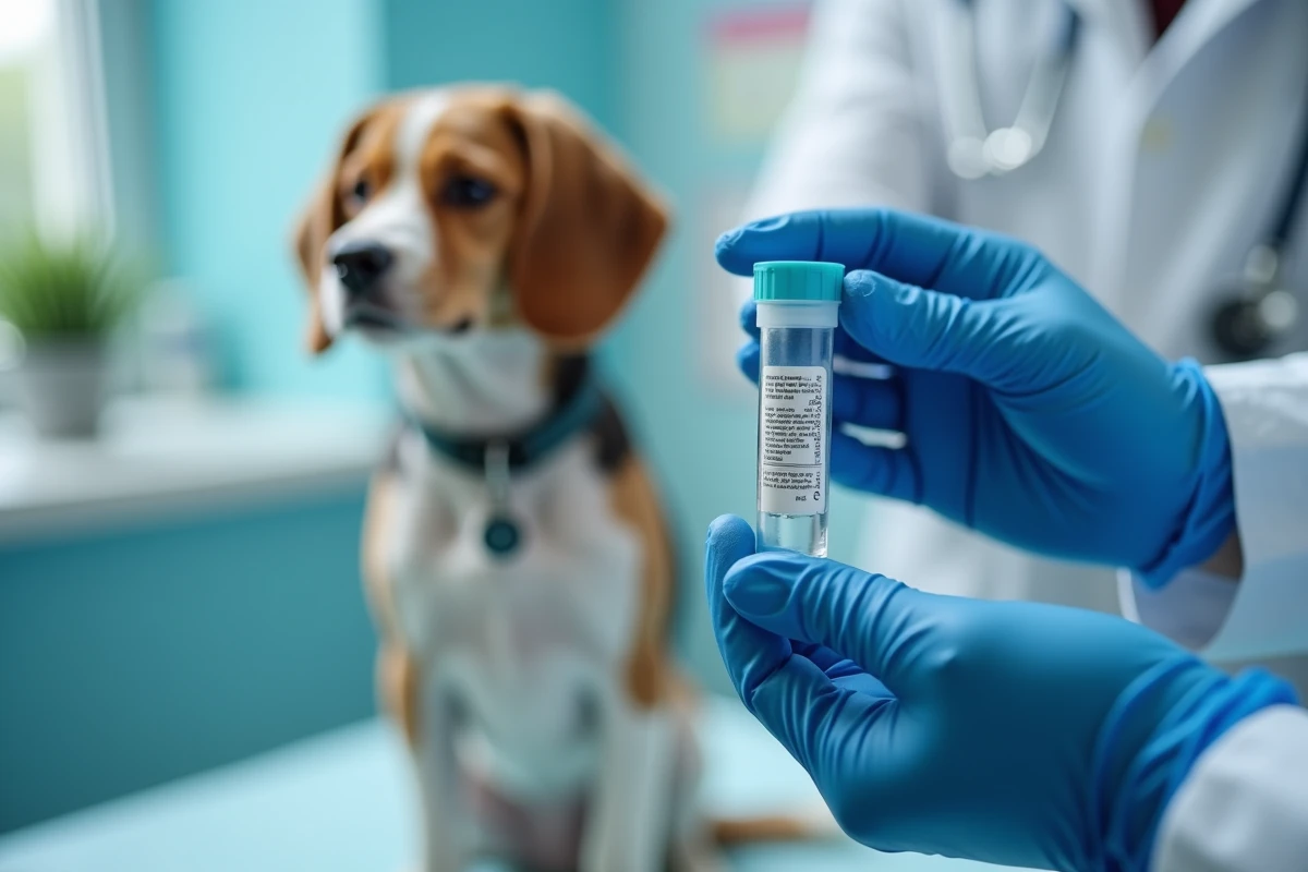 Mains de vétérinaire tenant un flacon de prélèvement pour analyser les selles d'un beagle lors d'un diagnostic vétérinaire