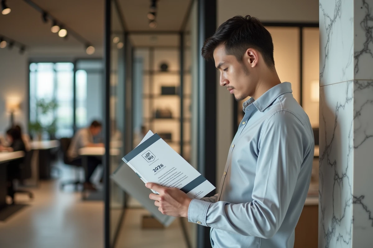 Jeune professionnel lisant une brochure de certification LVMH 2026 dans un bureau au style luxe épuré