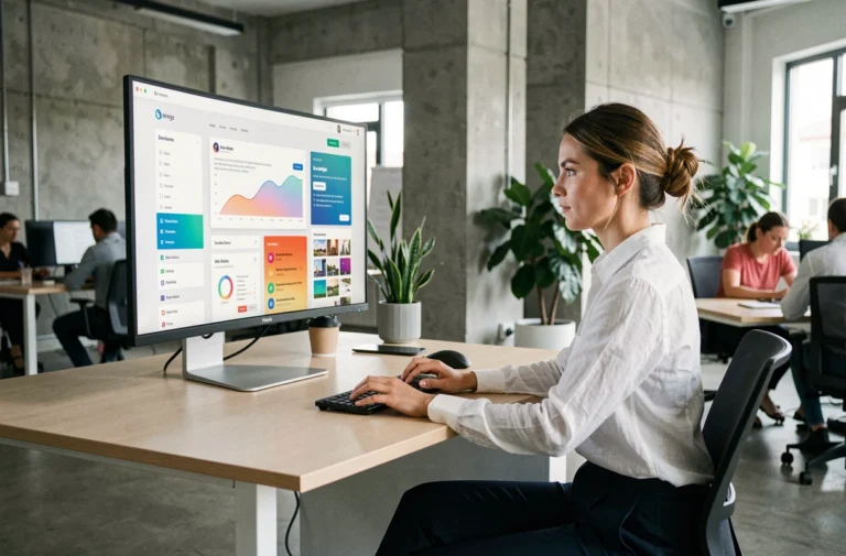 Professionnelle du digital explorant des tendances web sur un écran ultrawide dans un open space moderne