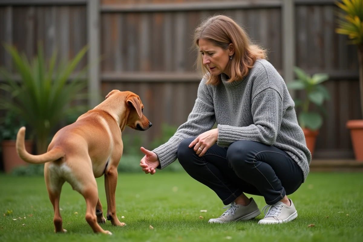 Propriétaire inquiète observant les selles de son chien labrador dans le jardin, suspectant la présence de sang