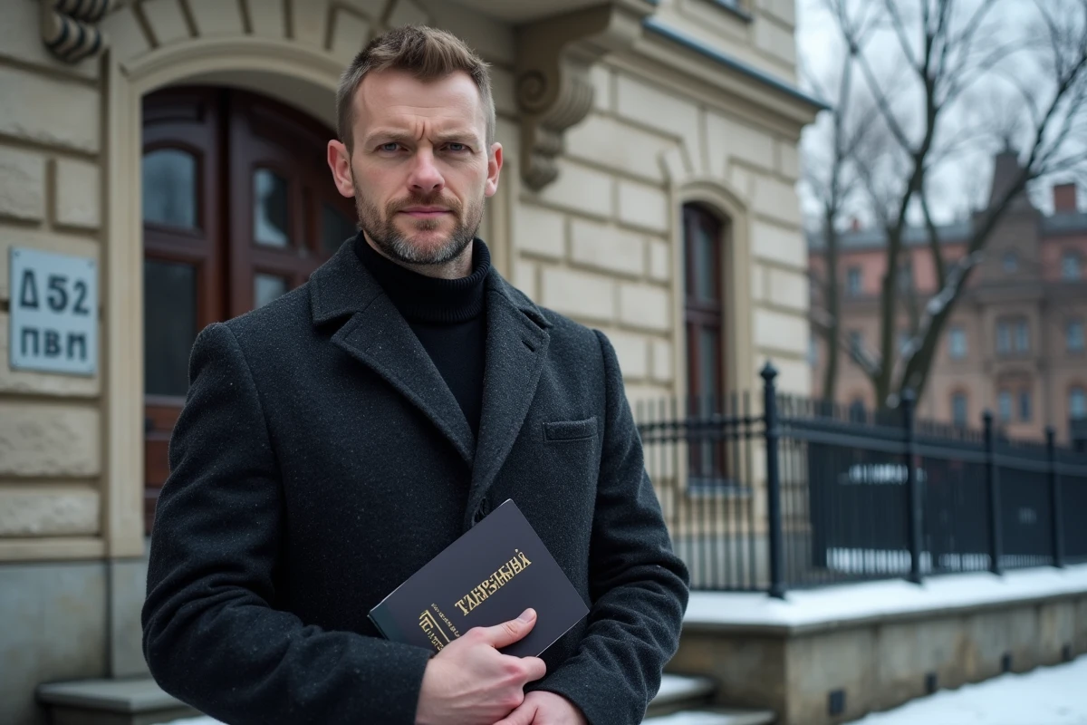 Homme tenant son visa touristique russe et un reçu de frais consulaires devant un consulat de Russie en hiver