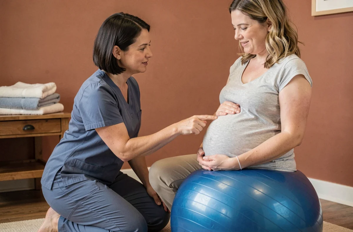 Sage-femme conseillant une femme enceinte sur la taille du ballon d'accouchement dans une salle de naissance chaleureuse
