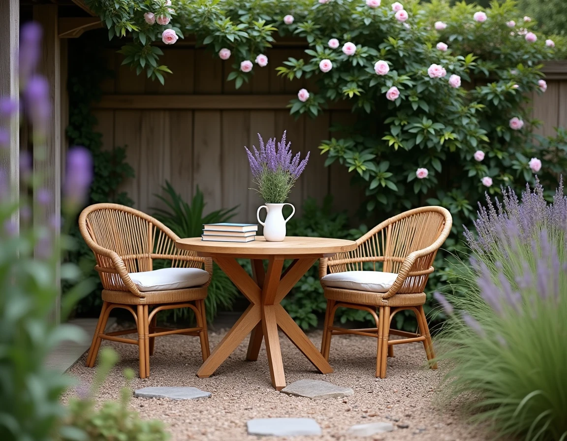 Coin salon de jardin en bois teck et rotin avec lavande et rosiers grimpants dans un jardin accueillant
