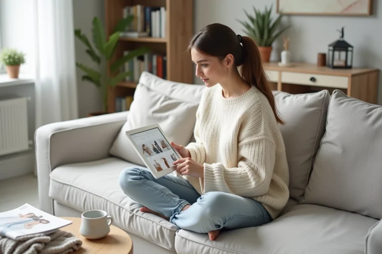 Jeune femme faisant du shopping de mode en ligne sur une tablette depuis son salon minimaliste