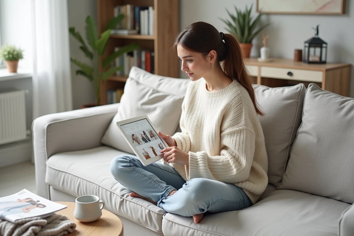 Jeune femme faisant du shopping de mode en ligne sur une tablette depuis son salon minimaliste