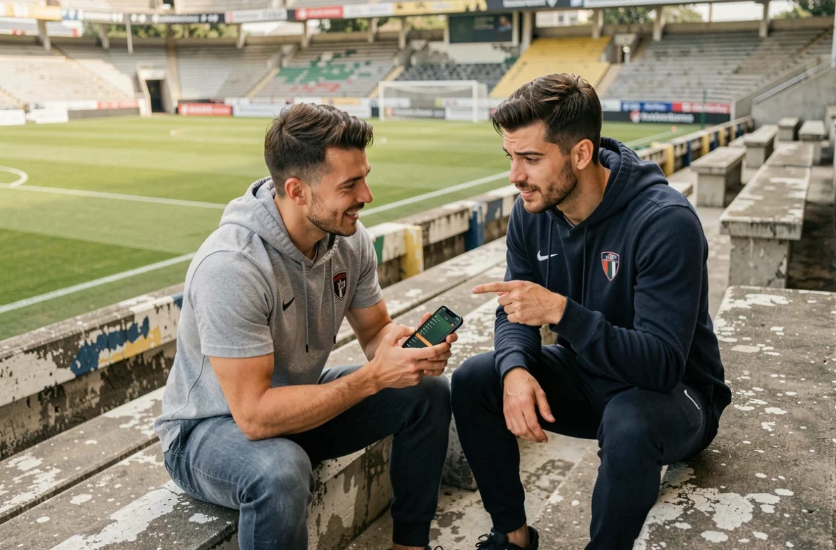 Deux supporters discutant de pronostics foot sur smartphone dans un stade de football