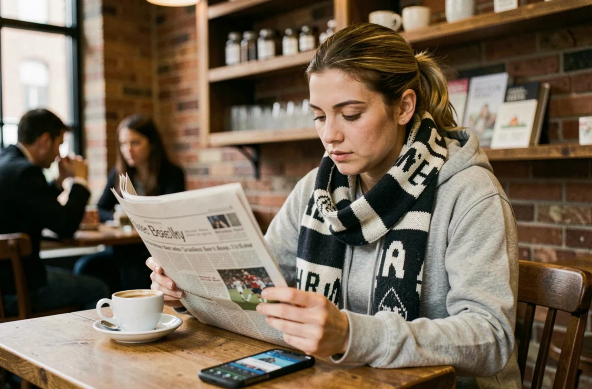 Femme passionnée de sport lisant un journal sportif dans un café urbain chaleureux