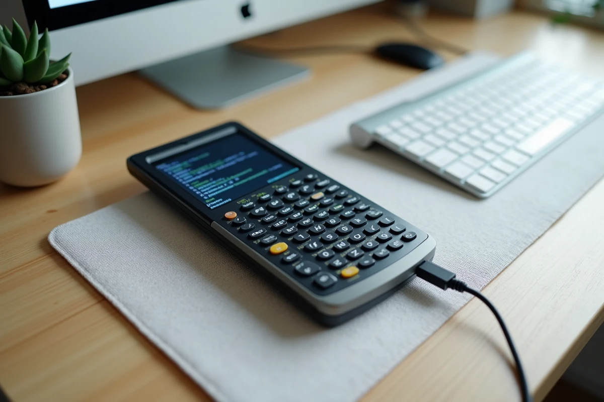 Calculatrice TI-Nspire CX connectée par câble USB à un ordinateur portable pour installation de ChatGPT