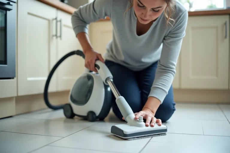Femme utilisant un nettoyeur vapeur Silvercrest Lidl sur le carrelage de cuisine pour nettoyer les joints