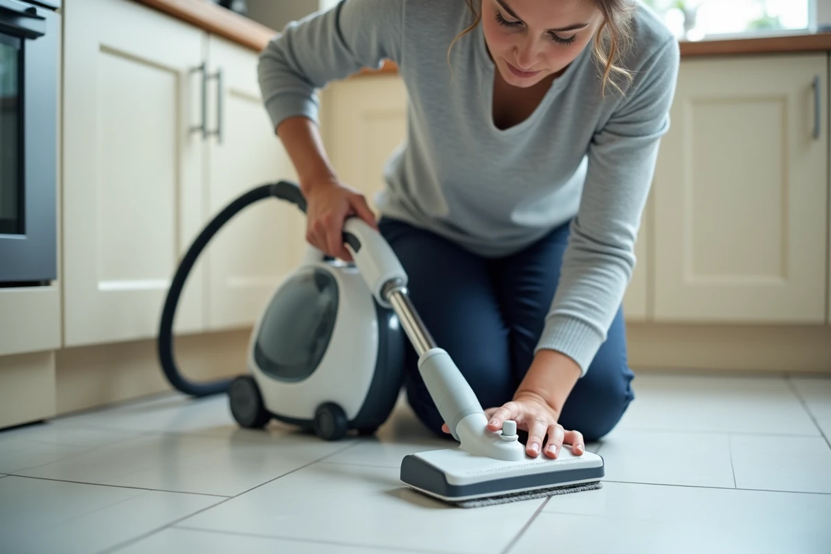 Femme utilisant un nettoyeur vapeur Silvercrest Lidl sur le carrelage de cuisine pour nettoyer les joints