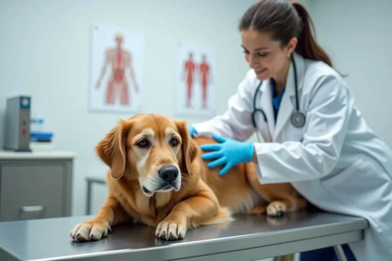 Vétérinaire examinant un golden retriever couché sur une table d'examen clinique lors d'une consultation pour problème digestif