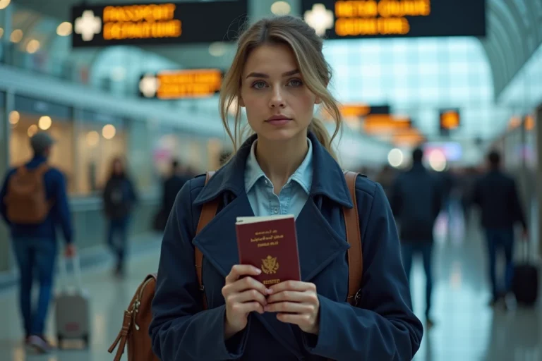 Femme tenant un passeport avec des tampons de visa dans un terminal d'aéroport international, illustrant le thème des visas les plus chers dans le monde