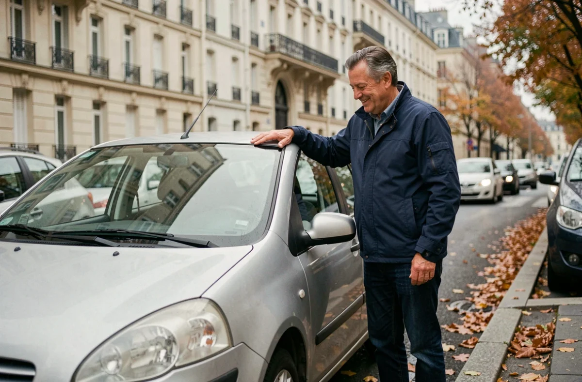 Homme français debout à côté d'une voiture compacte argentée dans une rue parisienne en automne, illustrant les préférences automobiles des Français