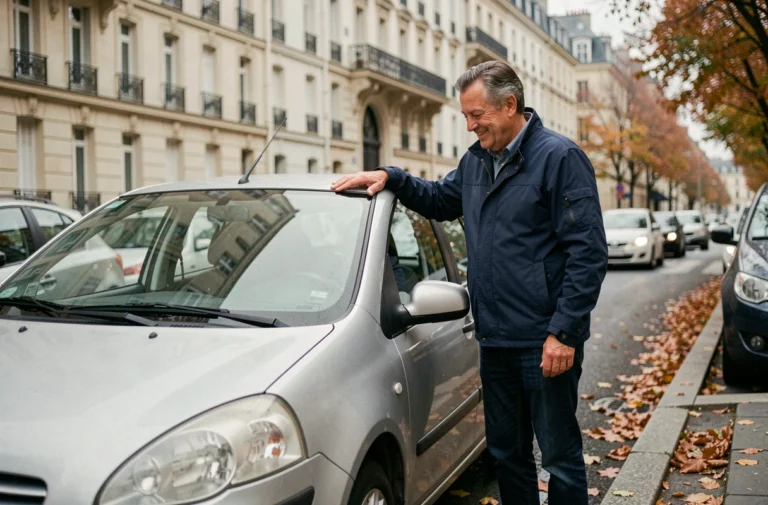 Homme français debout à côté d'une voiture compacte argentée dans une rue parisienne en automne, illustrant les préférences automobiles des Français