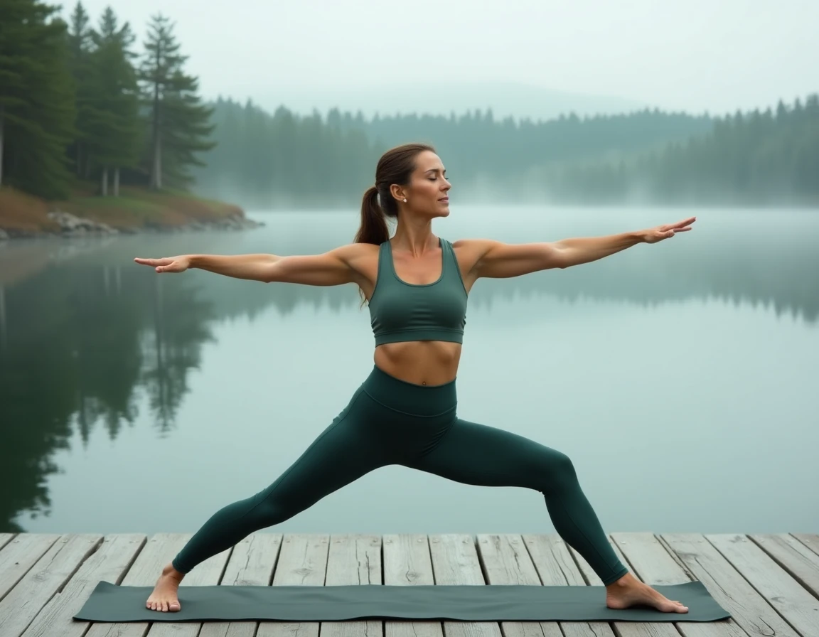 Femme pratiquant le yoga sur un ponton en bois face à un lac paisible, loisir bien-être et détente en nature
